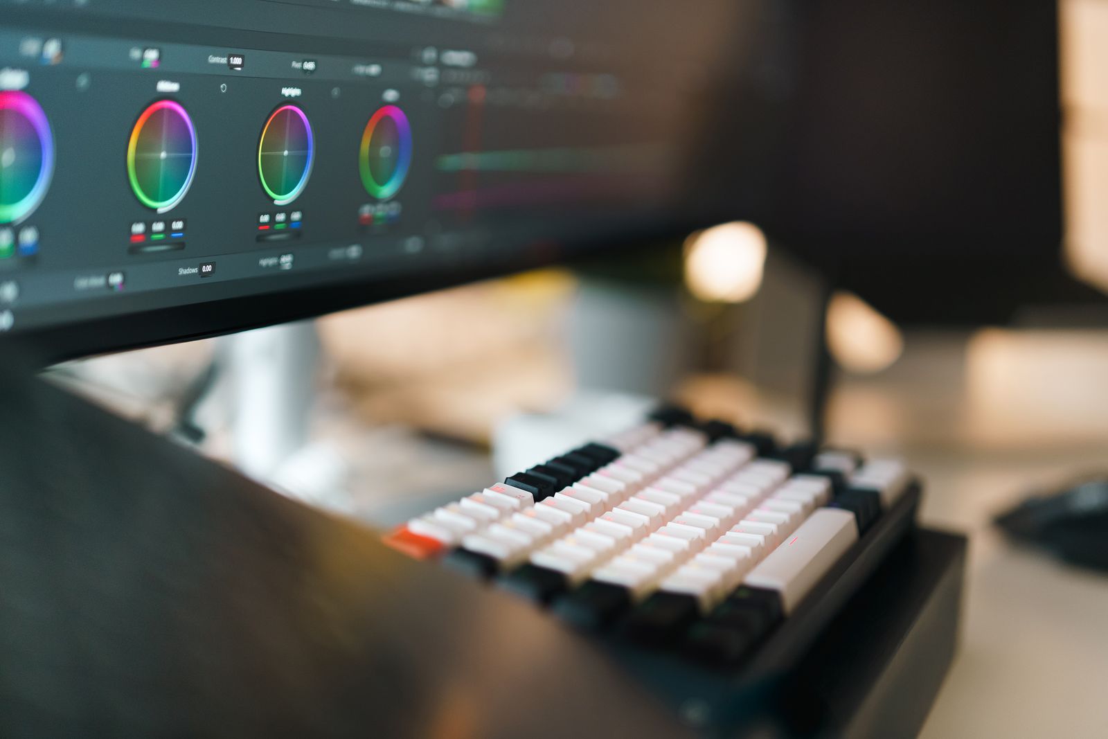 Close-up of color-grading control wheels