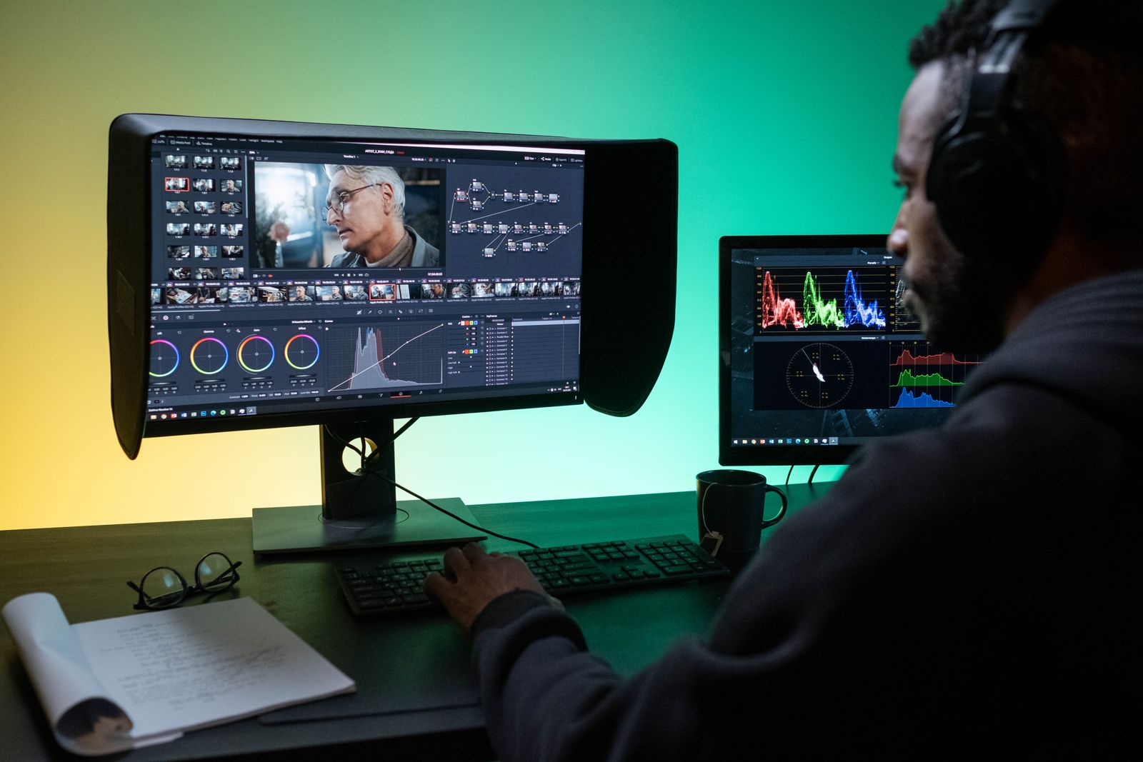 Editor working at a color-lit editing suite